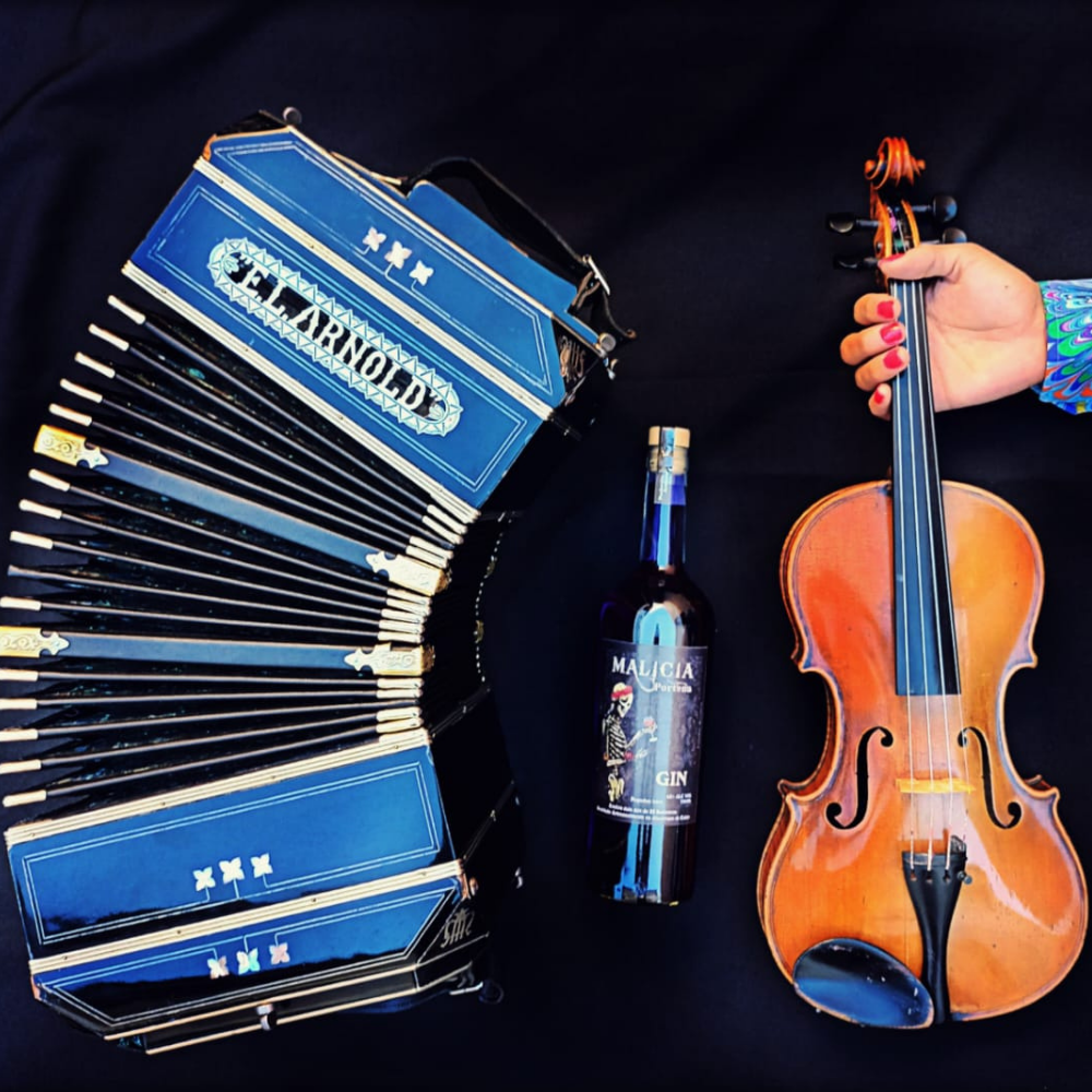 Acordeón, violín y botella de gin artesanal dispuestos sobre fondo negro, evocando la mezcla de música y sabores en una experiencia sensorial.