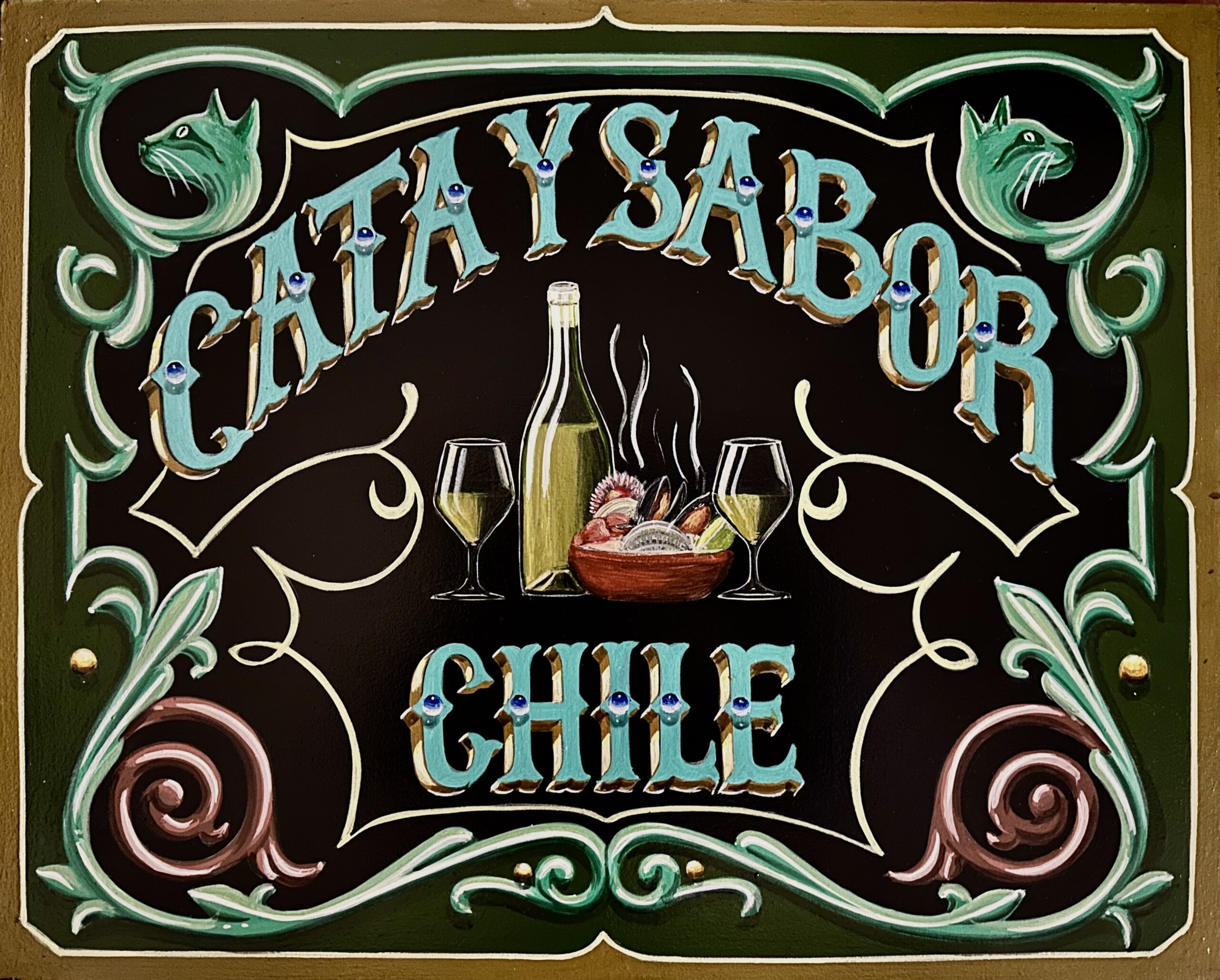 Letrero pintado con estilo clásico porteño, decorado con detalles artísticos y tipografía ornamental en tonos verdes, azules y dorados.